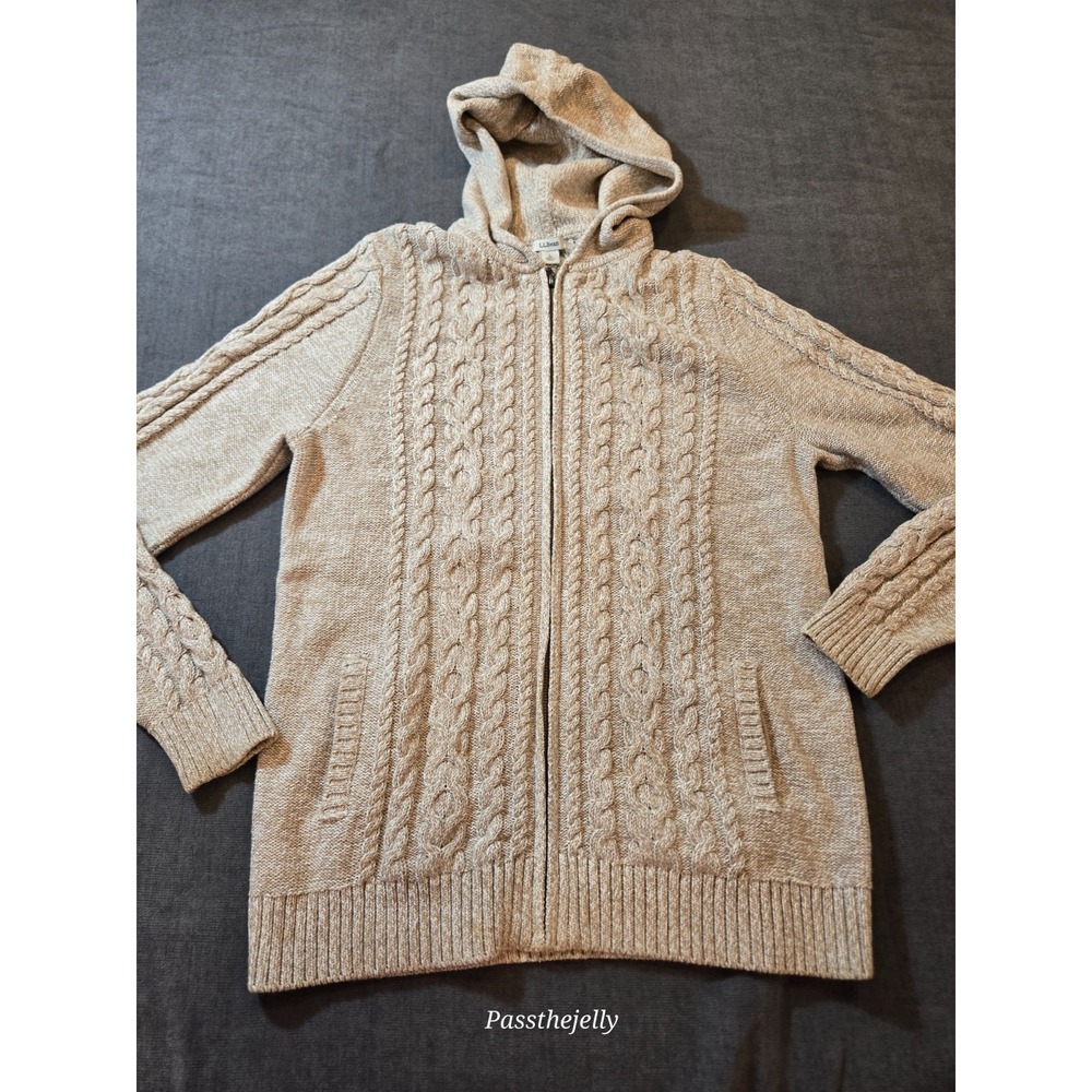 L.L.Bean Women's Large Cable Knit Full Zip Hoodie Sweater Oatmeal Fisherman